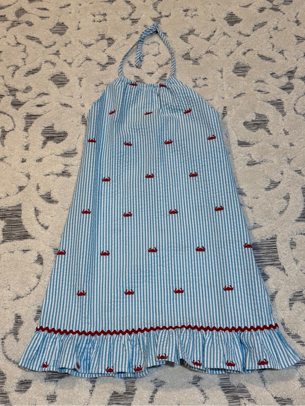 Kelly’s Kids seersucker halter dress size girls 14/16 blue white red crab EUC